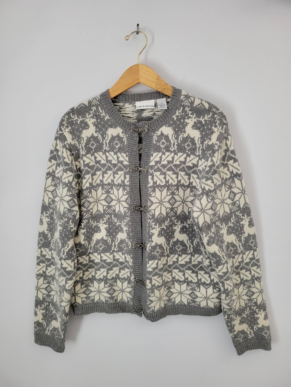 Silk Angora Blend Knit Holiday Cardigan Gray Beige Sz Medium